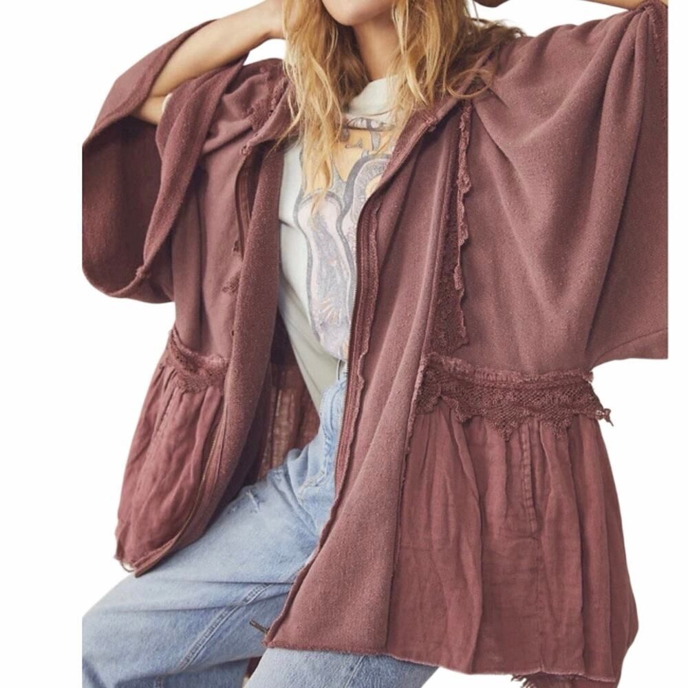Free People Hey Girl Lace Peplum Hoodie Full Zip Slouchy Whimsigoth Jacket M - Picture 2 of 16
